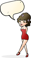 cartoon woman posing in dress with speech bubble