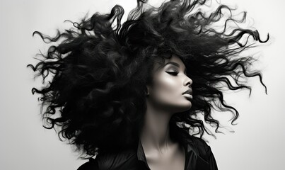 Fototapeta premium Beautiful young woman with a bright makeup. Model with curly hair. Hair salon, haircut. Care and beauty hair products. Perfect make-up