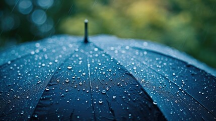 umbrella in drops in the rain in the park, close-up,  blurry