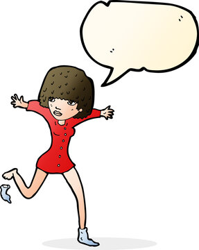 cartoon woman kicking off sock with speech bubble