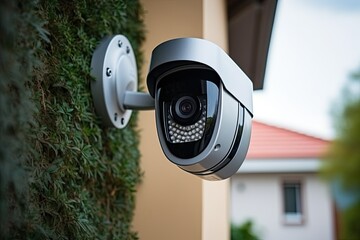 security systems, surveillance video camera on the wall of the house near the front door