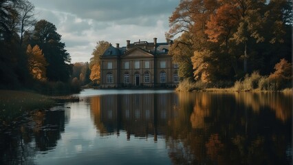 Fototapeta na wymiar Lake Scene with Period Mansion House. Atmospheric Rural Scene with Melancholic Autumn Mood. generative, ai.
