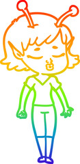 rainbow gradient line drawing cute alien girl cartoon
