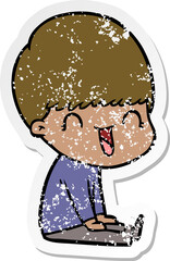 distressed sticker of a happy cartoon boy