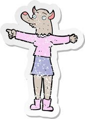 retro distressed sticker of a cartoon pointing werewolf woman