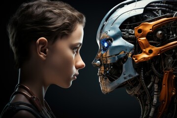 Teenager and robot face to face. Penetration of technology into people's lives, education. Confrontation between technology and living intelligence