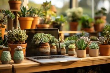 title page of an online store of cacti and succulents. Computer surrounded by plants