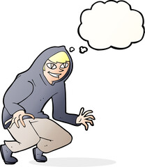 cartoon mischievous boy in hooded top with thought bubble