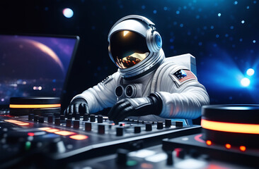 Astronaut dj regulating music on dj console mixer in space