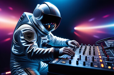 Astronaut dj mixing music with deejay controller
