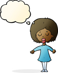 cartoon woman in dress with thought bubble
