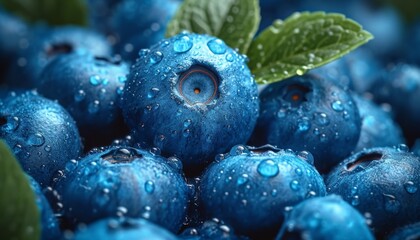 Drops of water on ripe sweet blueberries. Texture of blueberries close-up. Ai created.