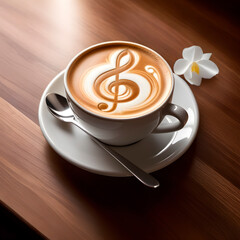 music bar, cup of coffee on the table, latte, musical treble clef, teaspoon, flower