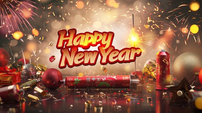 A firecracker and sparkler display, "Happy Lunar New Year 2024" in explosive, vibrant text - Powered by Adobe