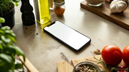 A generic smartphone on a kitchen counter, with cooking ingredients around and its screen a pristine white 