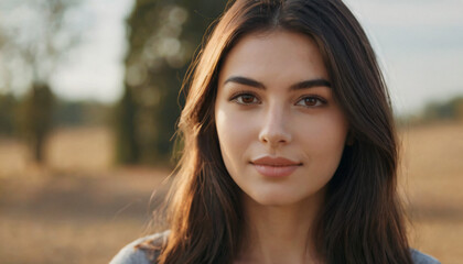 Obraz premium Young Brunette Woman Smiling Outdoors - Soft Light, Long Straight Hair, Clear Skin, Professional Makeup, Cover Portrait