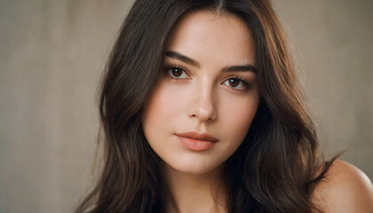 Obraz premium Young Brunette with Clear Skin and Soft Smile - Headshot in Professional Setting