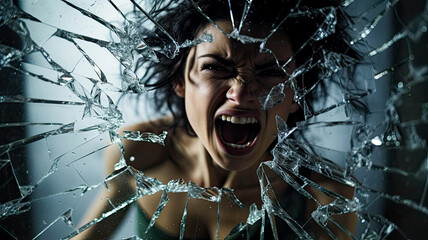 Depressed angry young woman stands behind broken glass. Sad woman screams. Concept of angry, depression, broken heart, grief, abuse, heartache, heartbreak, chaos and destruction.