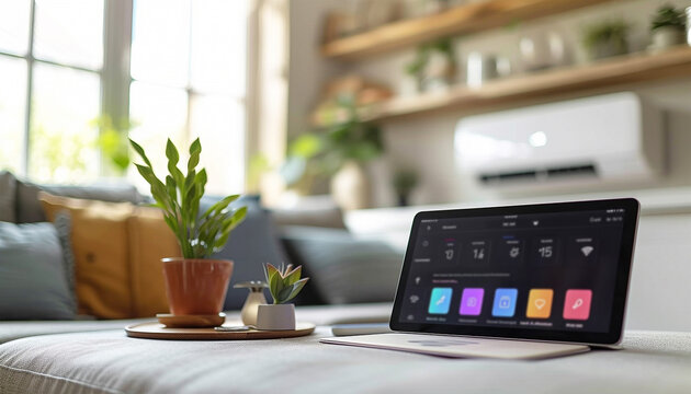 Controlling modern smart home devices. Smart home technology, wall system and couple with digital dashboard for air conditioning, safety security network or house automation. App software, ui panel 