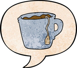 cartoon hot cup of tea and speech bubble in retro texture style