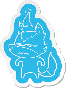 cartoon  sticker of a annoyed wolf wearing santa hat