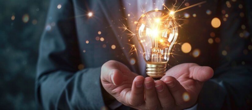 A businessman holding light bulb for smart innovation business concept. AI generated image