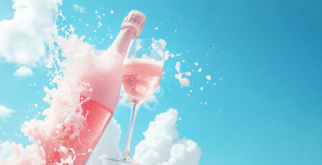 Close up of Rose champagne explosion and glass with bubbles. Romantic, party, celebration concept. 