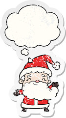 cartoon santa claus and thought bubble as a distressed worn sticker