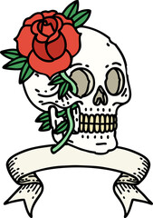 tattoo with banner of a skull and rose