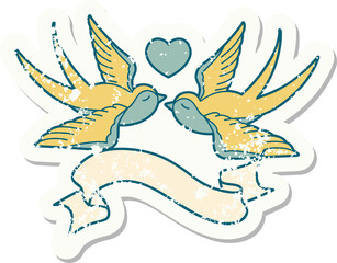 grunge sticker with banner of a swallows and a heart