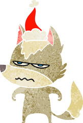 retro cartoon of a annoyed wolf wearing santa hat