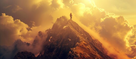 Spirit a young man climbing up a peak of mountain.AI generated image - obrazy, fototapety, plakaty