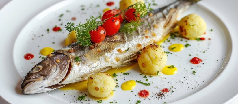 Fresh grilled sea bass with tomatoes and potato balls on a white plate. AI generated image