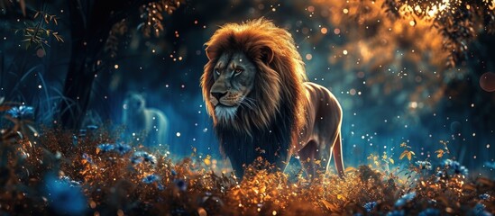 3d rendering a wild Lion on the night forest isolated abstract dramatic background. AI generated - obrazy, fototapety, plakaty