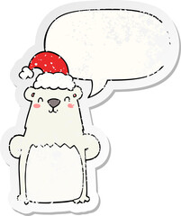 cartoon bear wearing christmas hat and speech bubble distressed sticker