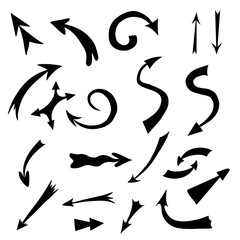 Handdrawn vector arrow set in doodle style, many arrows