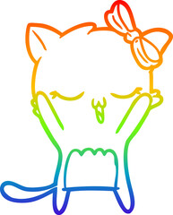 rainbow gradient line drawing cartoon cat with bow on head