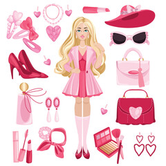 Pink fashion doll set. Pink trendy set, pink doll aesthetic accessories and clothing. High-heels, bags, earrings, glasses, hair accessories. Hand drawn set. Vector illustration