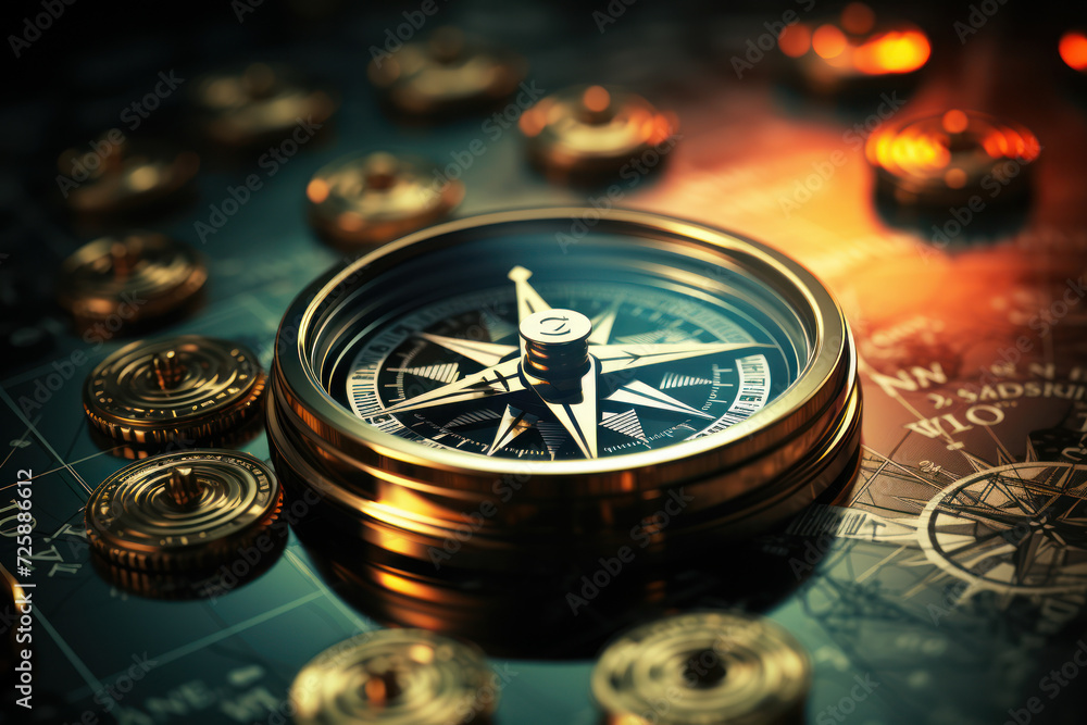 Poster a vector image of a compass pointing towards various financial goals, symbolizing the importance of 