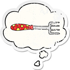 cartoon fork and thought bubble as a distressed worn sticker