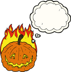 cartoon grinning pumpkin with thought bubble