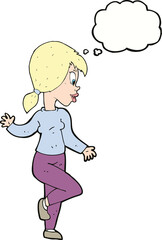 cartoon woman waving with thought bubble