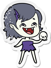 distressed sticker of a cartoon laughing vampire girl