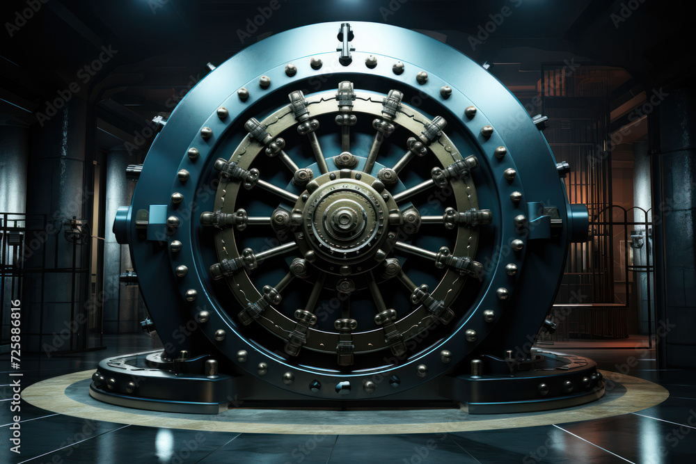 Poster an artistic representation of a secure bank vault with a shield, conveying the concept of robust sec