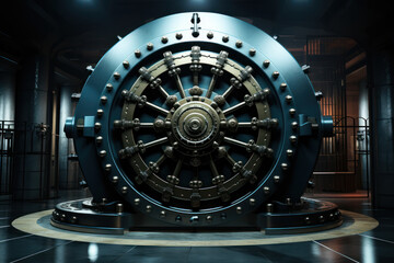 An artistic representation of a secure bank vault with a shield, conveying the concept of robust security measures in banking systems. Generative Ai.