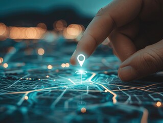 Charting the Path to the Future: Digital Hands Securely Grasp a Map Location Pin - Abstract Map Icon Symbolizes Innovation in Shipping, Logistics, and Office Research. AI
