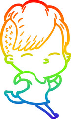 rainbow gradient line drawing cartoon squinting girl running