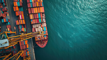 An aerial view shows the complex structure of a seaport with neatly stacked colorful containers, massive cranes and a loading cargo ship	
 - Powered by Adobe