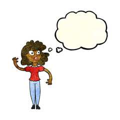 cartoon worried woman waving with thought bubble