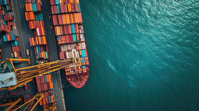 An aerial view shows the complex structure of a seaport with neatly stacked colorful containers, massive cranes and a loading cargo ship